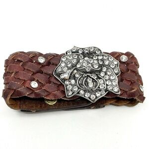 Vintage Y2K‎ Brown Braided Leather Rhinestone Flower Cuff Bracelet Boho Retro
